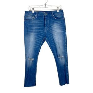 Topman Jeans Men 34 x 25 Blue Denim Button Fly Stretch Skinny Casual Bottoms